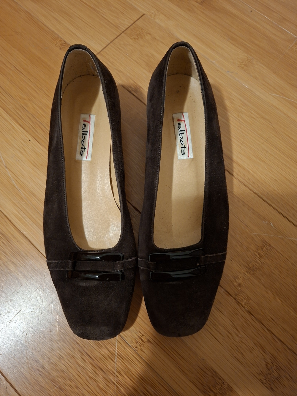 Talbots Dark Brown Suede Buckle Block Heel Pumps Square Toe, Size 8